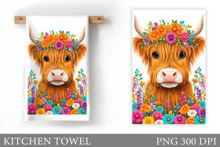 Highland Cow Kitchen Towel. Cow Flowers Kitchen Towel Design