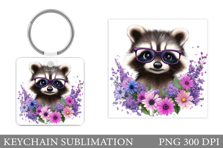 Cute Raccoon Keychain Design. Raccoon Flowers Keychain
