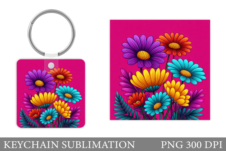 Flowers Square Keychain. Wildflowers Keychain Sublimation