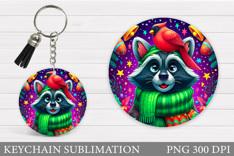 Christmas Raccoon Keychain. Christmas Keychain Sublimation
