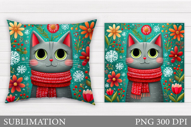 Cute Cat Pillow Sublimation. Cat Flowers Pillow Design example image 1