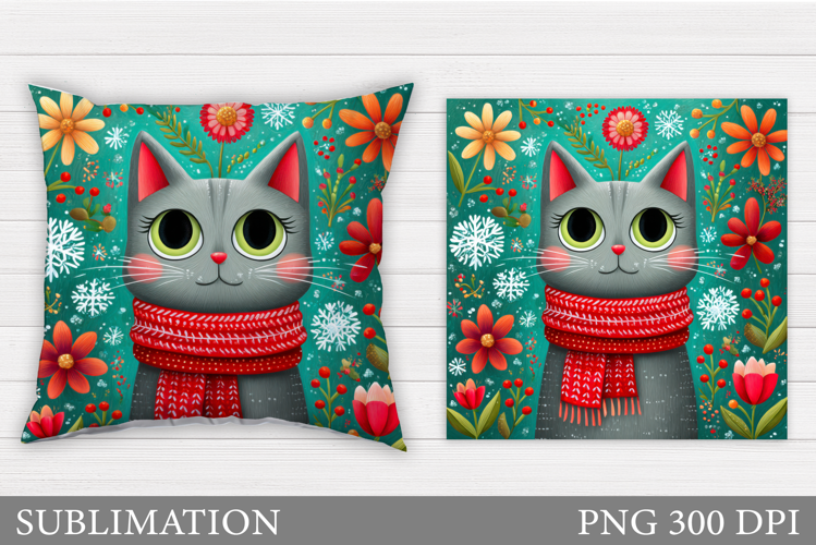 Cute Cat Pillow Sublimation. Cat Flowers Pillow Design