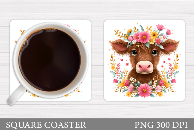 Highland Coaster Sublimation. Cow Flowers Coaster Design