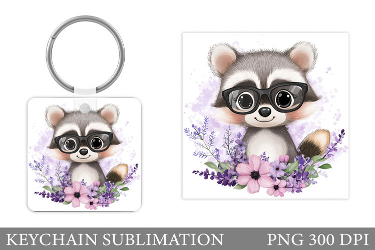 Cute Raccoon Keychain Design. Raccoon Flowers Keychain