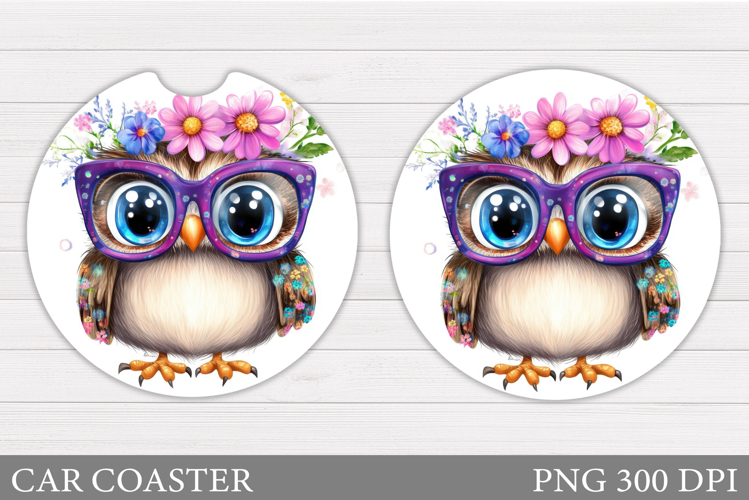 Owl Car Coaster Sublimation. Owl Flowers Car Coaster Design