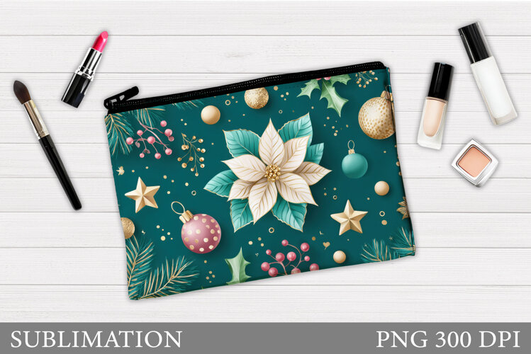 Poinsettia Cosmetics Bag Design. Christmas Makeup Bag Design example image 1