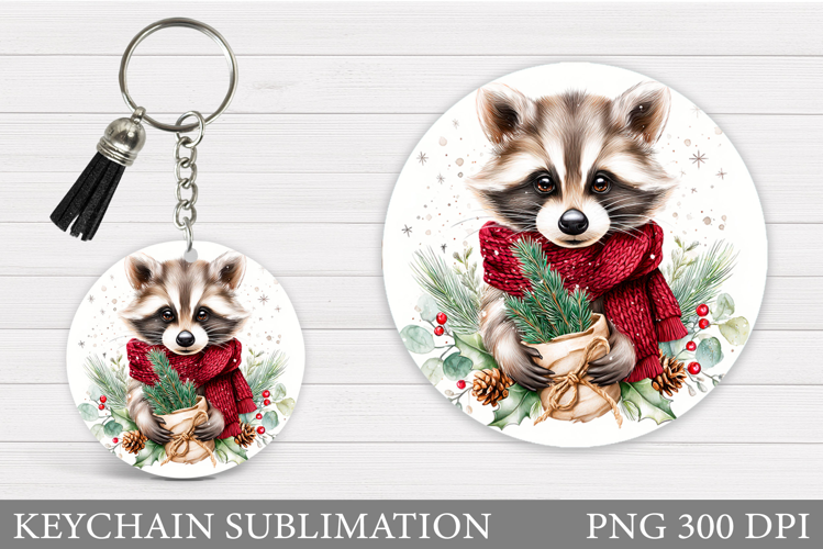 Christmas Raccoon Keychain. Christmas Keychain Sublimation