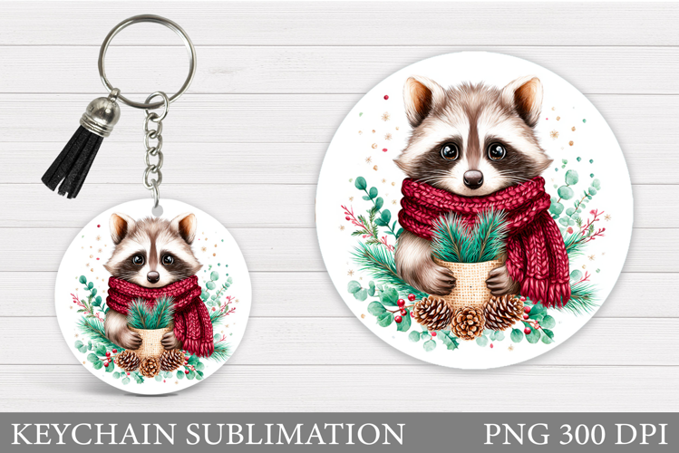Christmas Raccoon Keychain. Christmas Keychain Sublimation