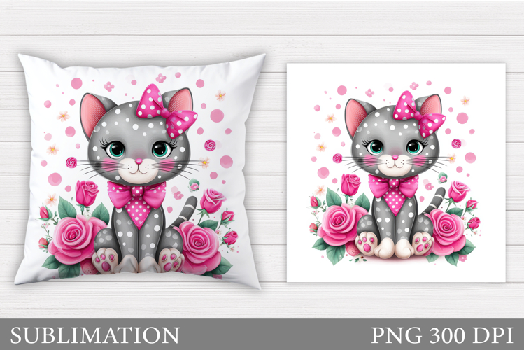 Cute Cat Pillow Sublimation. Cat Flowers Pillow Design