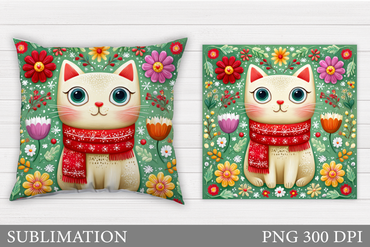 Cute Cat Pillow Design. Cat Flowers Pillow Sublimation