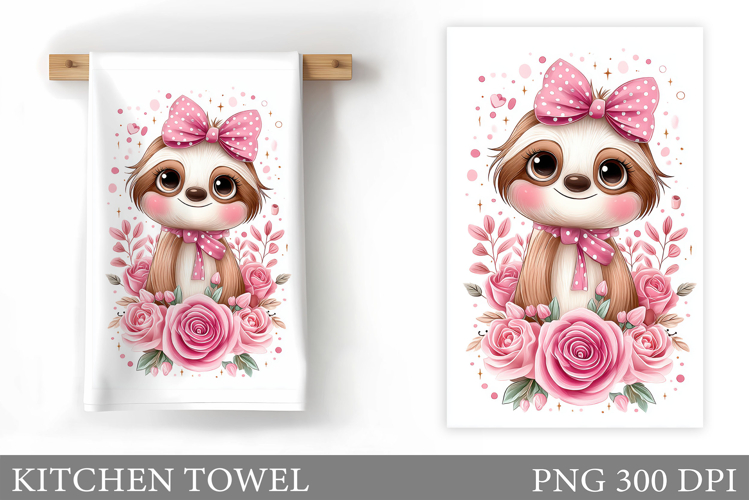 Cute Sloth Kitchen Towel. Sloth Flowers Kitchen Towel Design