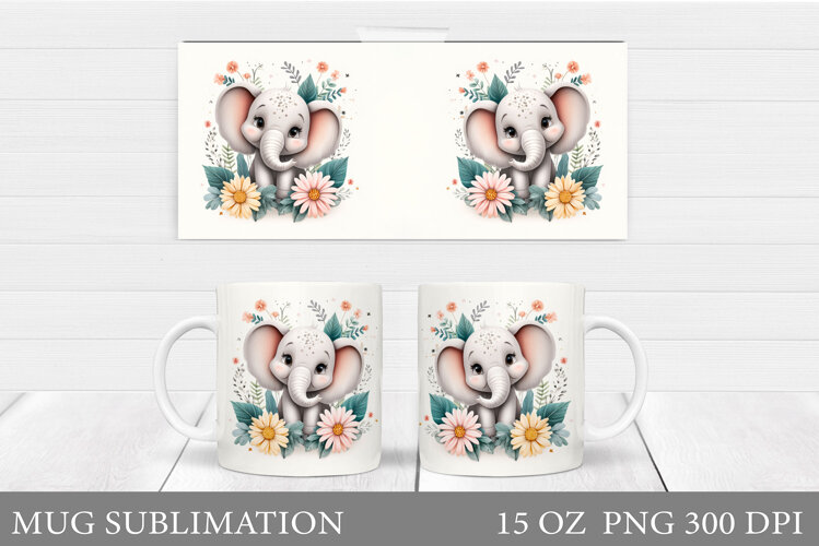 Elephant Mug Design. Elephant Flowers Mug Sublimation example image 1