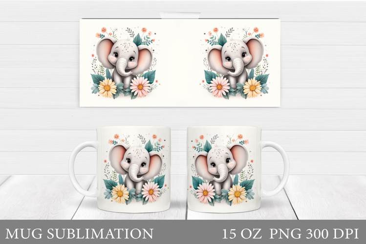 Elephant Mug Design. Elephant Flowers Mug Sublimation