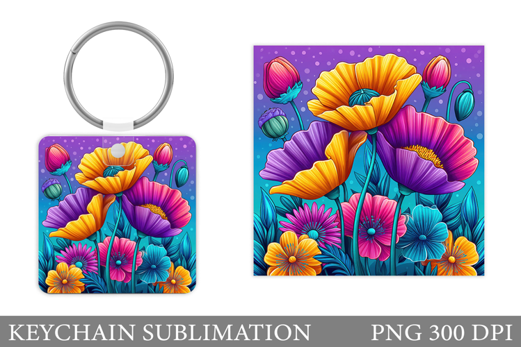 Flowers Square Keychain. Wildflowers Keychain Sublimation