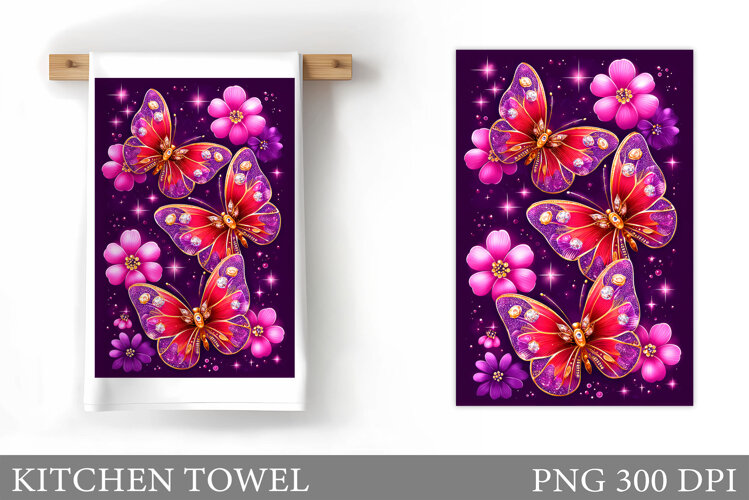 Butterflies Kitchen Towel. Flowers Kitchen Towel Design example image 1