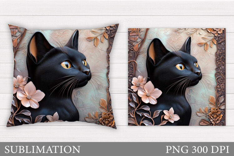 Black Cat Pillow Design. Cat Flowers Pillow Sublimation example image 1