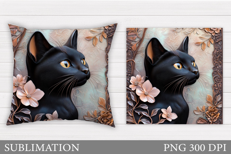 Black Cat Pillow Design. Cat Flowers Pillow Sublimation