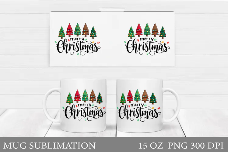 Merry Christmas Mug Design. Christmas Tree Sublimation