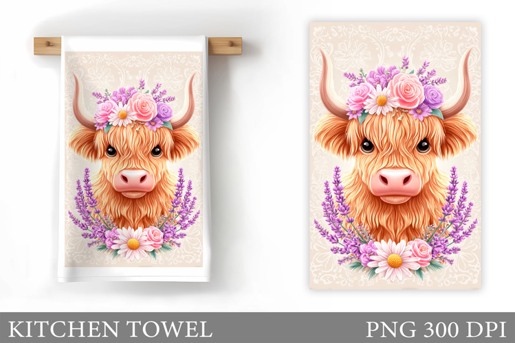 Highland Cow Kitchen Towel. Cow Flowers Kitchen Towel Design