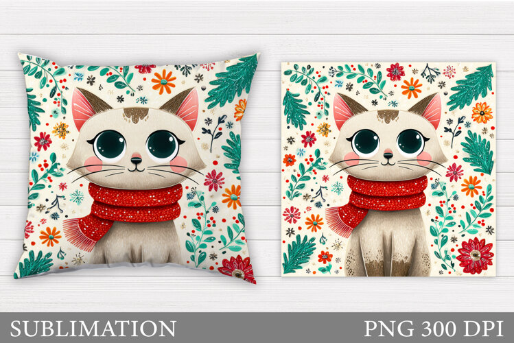 Cute Cat Pillow Design. Cat Flowers Pillow Sublimation example image 1