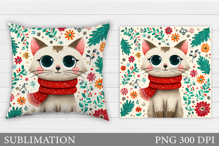 Cute Cat Pillow Design. Cat Flowers Pillow Sublimation