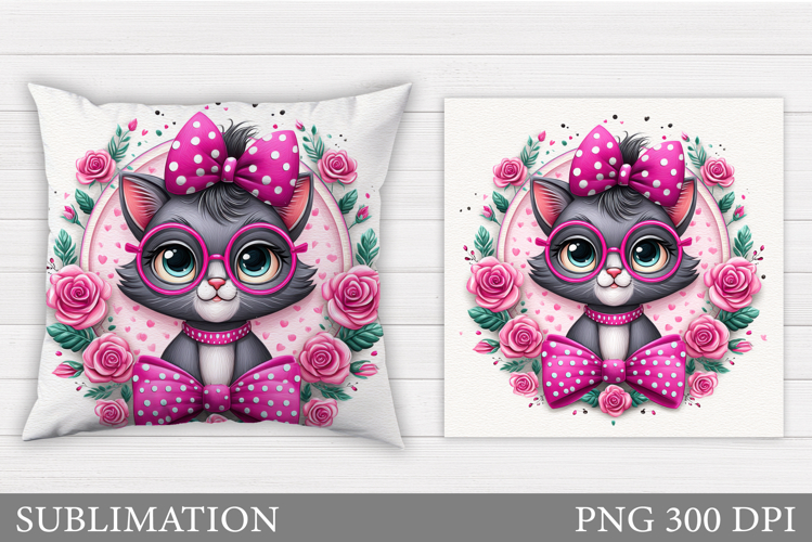 Cute Cat Pillow Design. Cat Flowers Pillow Sublimation