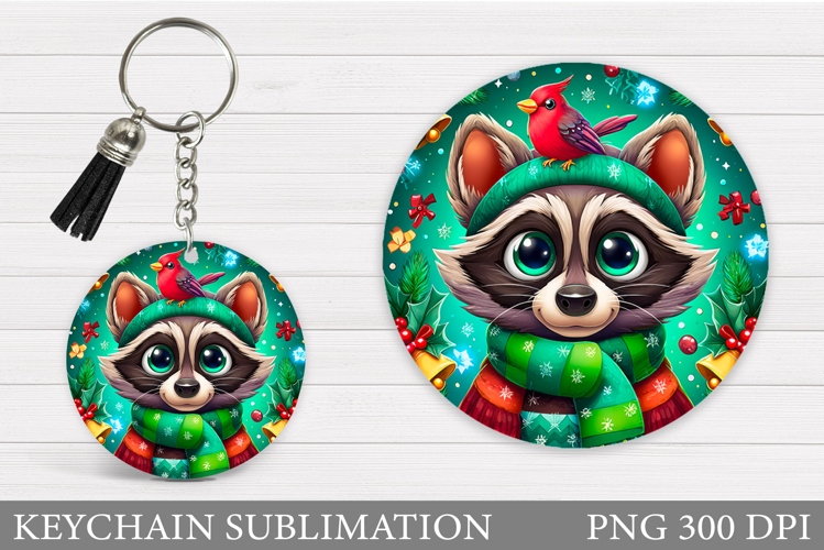Christmas Raccoon Keychain. Christmas Keychain Sublimation