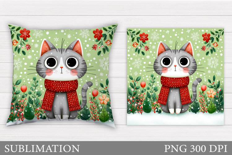 Cute Cat Pillow Sublimation. Cat Flowers Pillow Design example image 1
