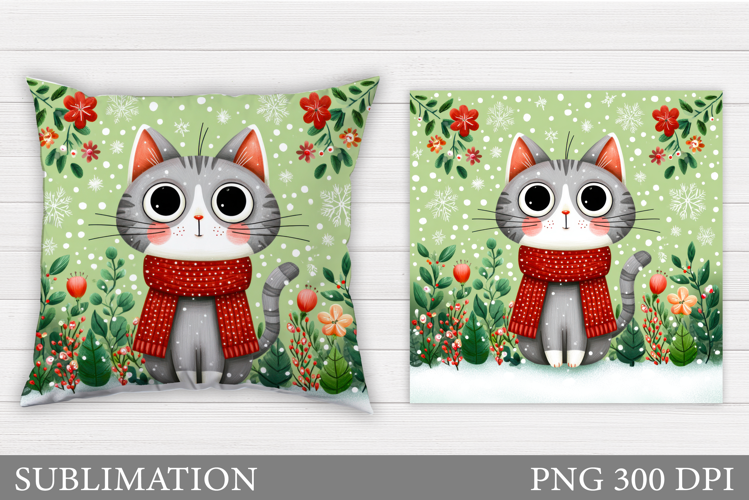 Cute Cat Pillow Sublimation. Cat Flowers Pillow Design