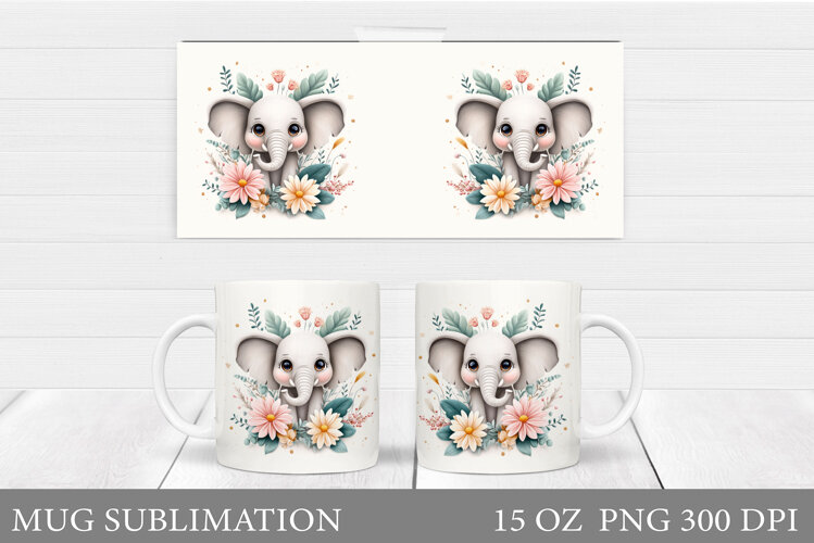 Cute Elephant Mug Design. Elephant Flowers Mug Sublimation example image 1