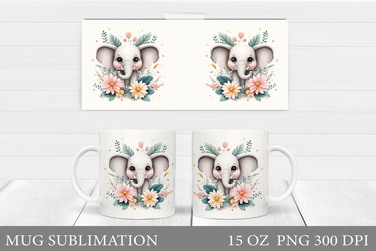 Cute Elephant Mug Design. Elephant Flowers Mug Sublimation