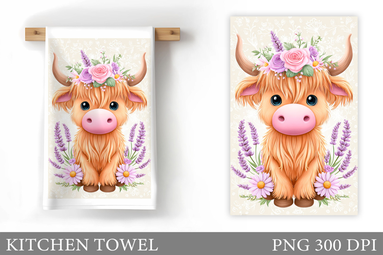 Highland Cow Kitchen Towel. Cow Flowers Kitchen Towel Design