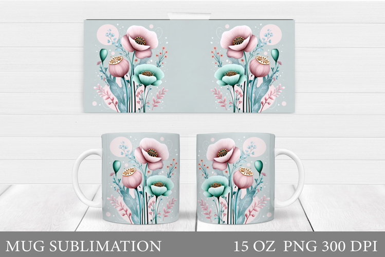 Floral Mug Wrap Design. Flowers Mug Sublimation