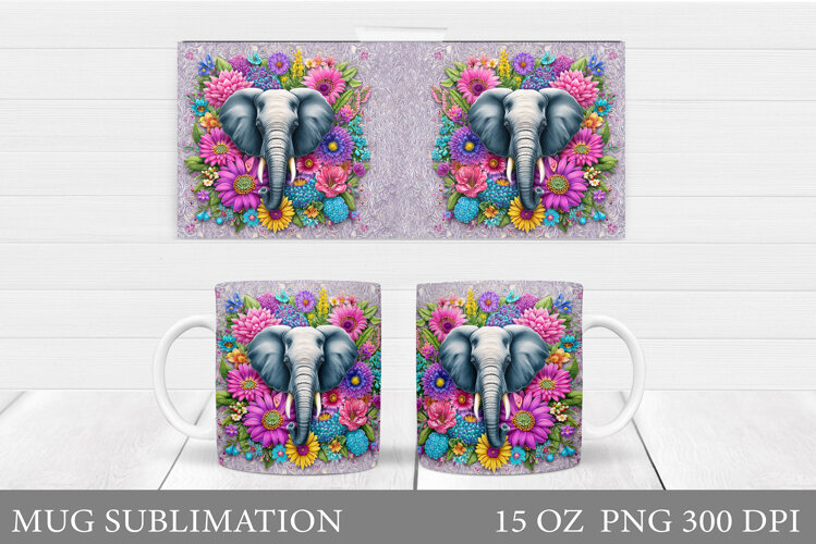 Elephant Mug Design. Elephant Flowers Mug Sublimation example image 1