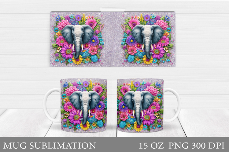 Elephant Mug Design. Elephant Flowers Mug Sublimation