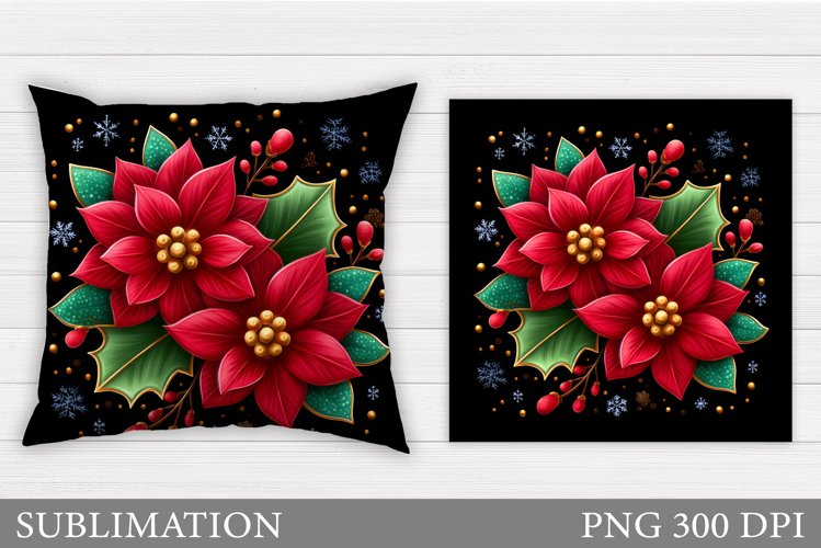 Poinsettia Pillow Sublimation. Christmas Flowers Pillow