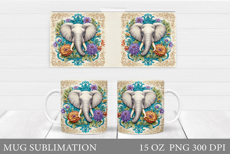 Elephant Mug Design. Elephant Flowers Mug Sublimation example image 1