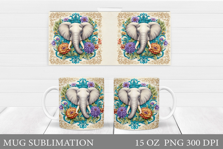 Elephant Mug Design. Elephant Flowers Mug Sublimation