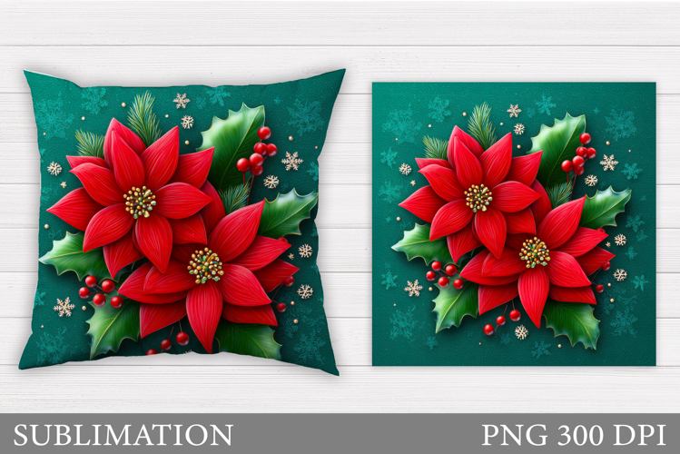 Poinsettia Pillow Sublimation. Christmas Flowers Pillow