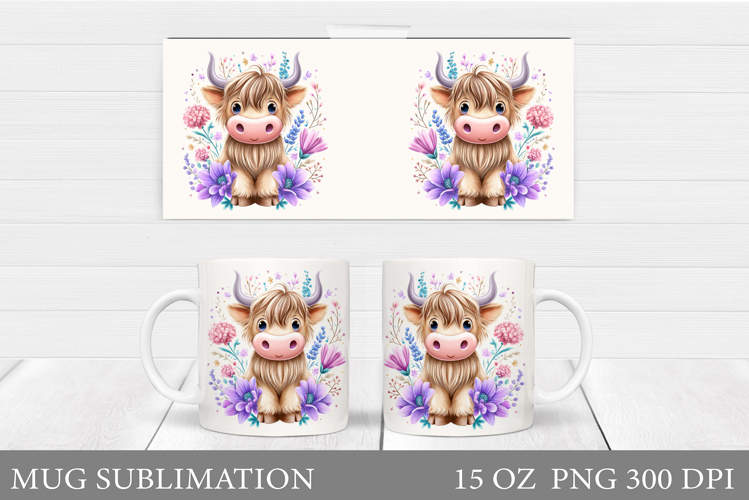 Cute Cow Mug Sublimation. Cow Flowers Mug Wrap Design