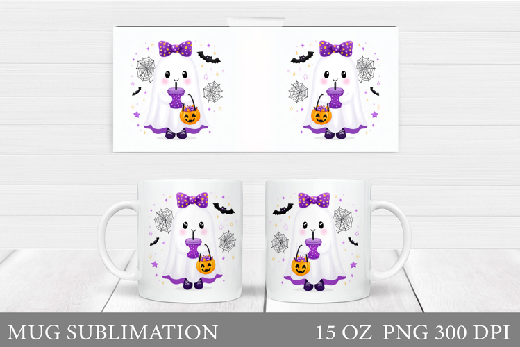 Cute Ghost Mug Sublimation. Halloween Mug Wrap Design