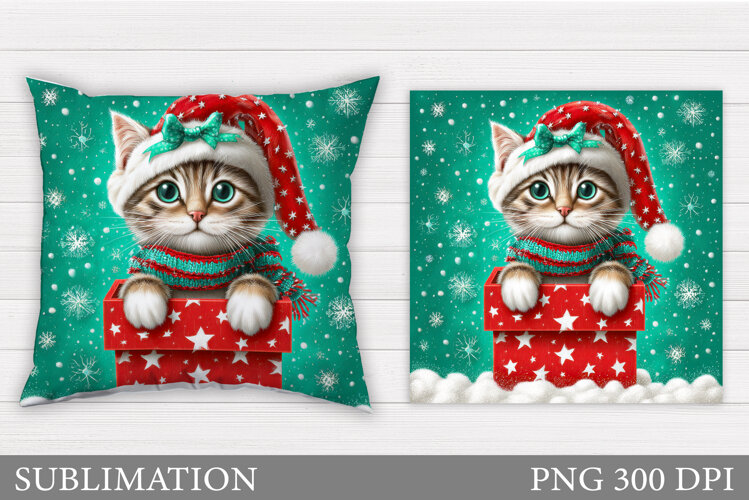Christmas Cat Pillow Design. Christmas Pillow Sublimation example image 1