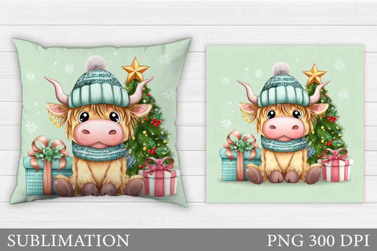 Highland Cow Pillow Design. Christmas Pillow Sublimation example image 1