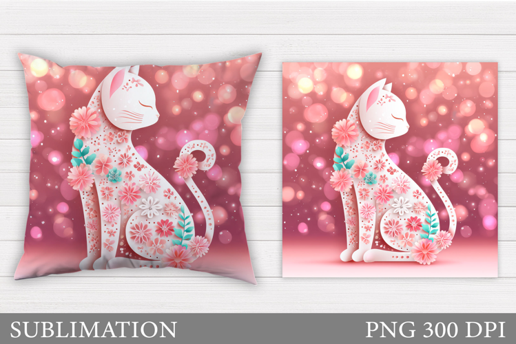 Floral Cat Pillow Design. Cat Flowers Pillow Sublimation
