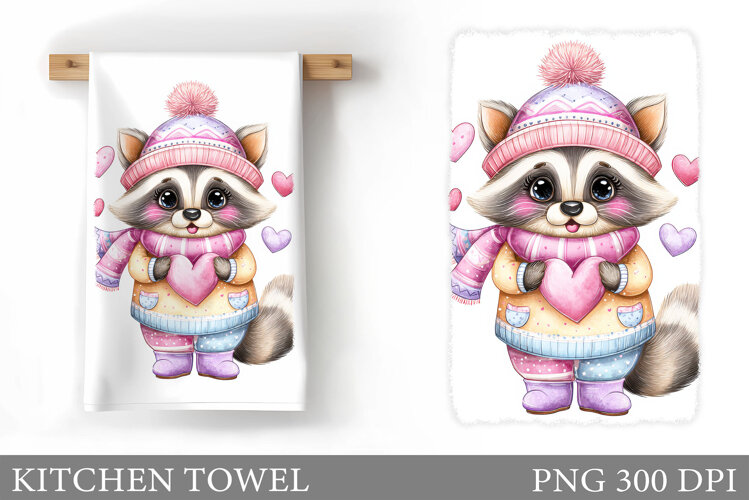 Valentine Raccoon Kitchen Towel. Valentines Kitchen Towel example image 1