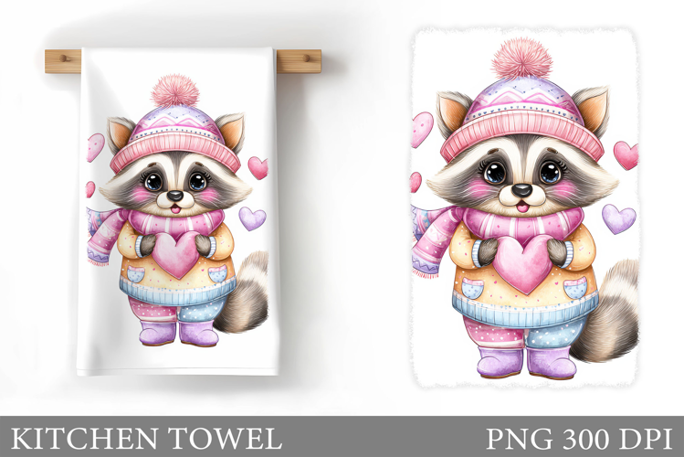 Valentine Raccoon Kitchen Towel. Valentines Kitchen Towel
