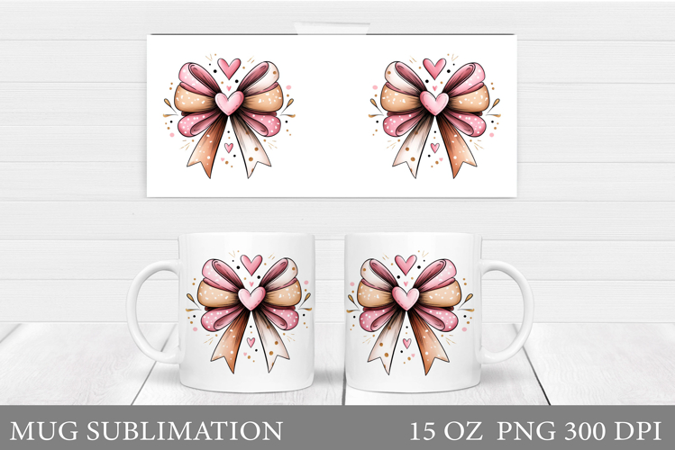 Valentines Bow Mug Sublimation. Valentines Mug Wrap Design
