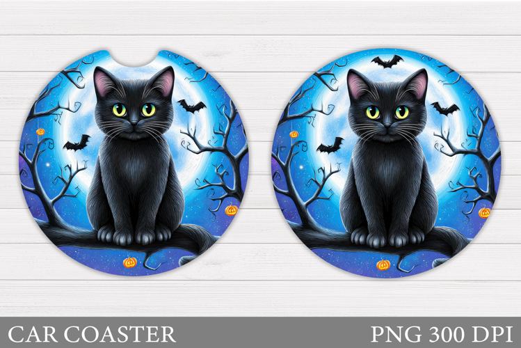 Black Cat Car Coaster. Cute Halloween Car Coaster