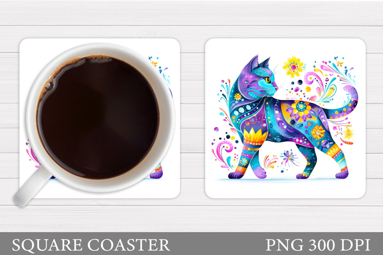 Floral Cat Coaster Design. Cute Cat Sublimation