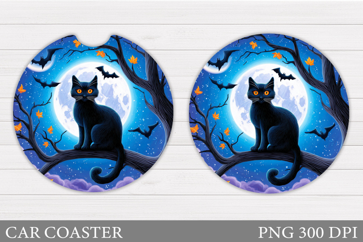 Black Cat Car Coaster. Cute Halloween Car Coaster
